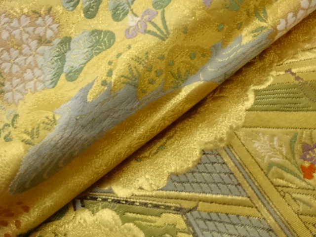  木々に屋敷・人物模様織出し全通袋帯